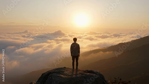 Person Standing on a Mountain Peak Overlooking Clouds at Sunrise