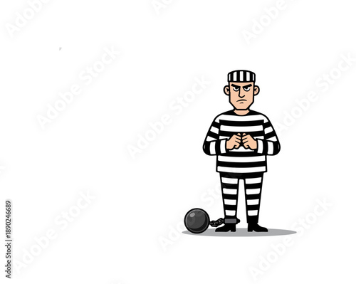 Cartoon Prisoner Wearing Striped Uniform and Hat.