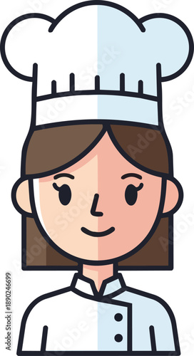 A smiling female chef wearing a white uniform and hat standing in a kitchen