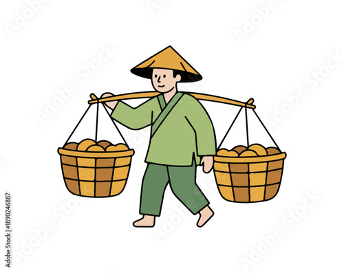 Asian farmer carrying baskets of produce on a shoulder pole.
