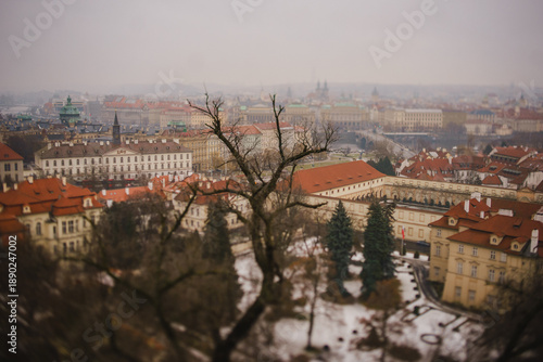 A panorama of Prague in winter. The red tiled roofs of Old Europe