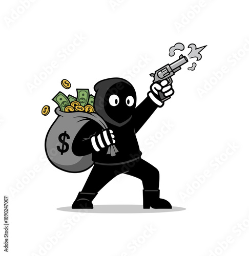 Cartoon thief with money bag and gun.