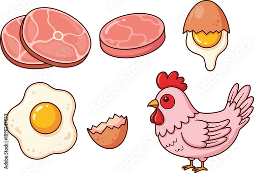 Cartoon illustration of chicken, eggs and raw meat set showing poultry food, protein ingredients and farm products isolated on white background vector design