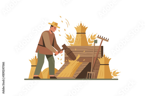 Farmer Working with Hay on Farm.