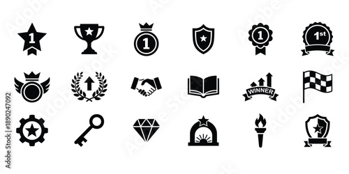 A collection of black and white icons representing achievement and success