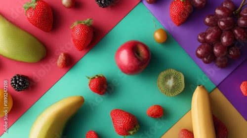 Colorful fruits on vibrant background playful healthy eating concept with bold tropical design
