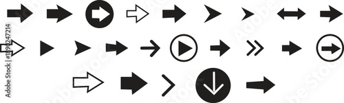 A collection of black arrow symbols and oval shapes arranged in rows on a plain white background high quality