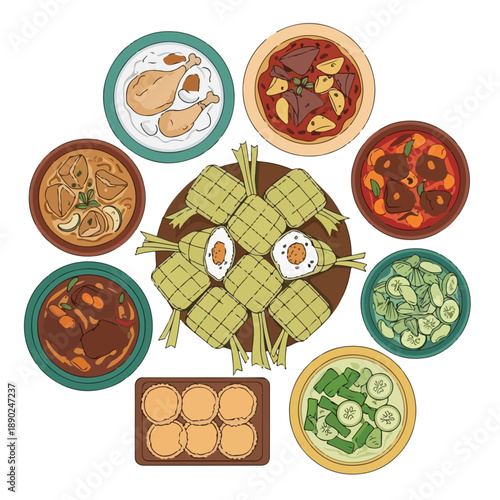 Traditional Southeast Asian dishes served on various plates and bowls