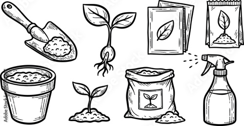 Hand drawn gardening tools and sprouting seedlings with soil scoop, pot, watering spray, seed packets and fertilizer bag in black line art style