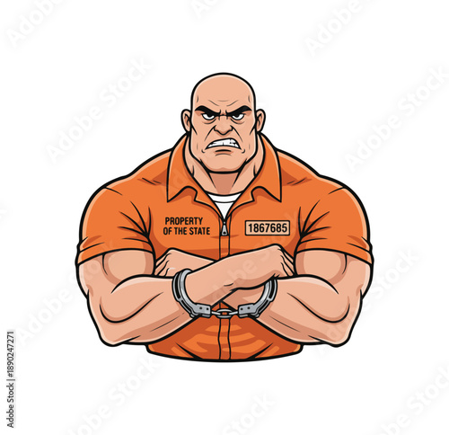 Muscular Prisoner in Orange Jumpsuit with Handcuffs.