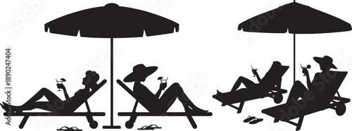 silhouette illustration of people relaxing on beach chairs under umbrellas, symbolizing a summer vacation moment. vector illustration