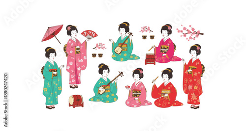 Group of Women in Traditional Kimono Playing Instruments.