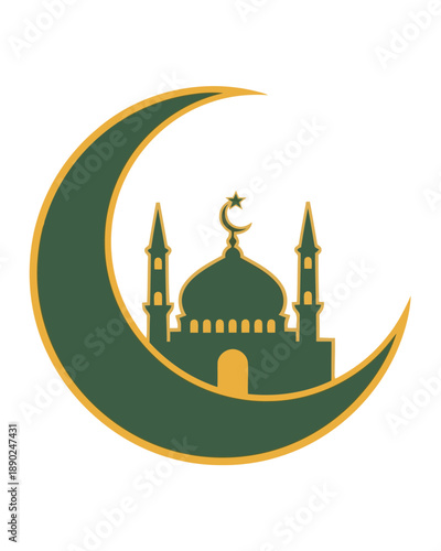 Illustrated view of a green crescent moon embracing a mosque with dome and minarets, centered on a white backdrop, viewed from a frontal perspective