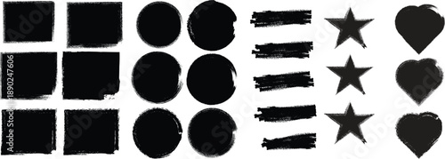 A collection of abstract black shapes and brushstrokes arranged in a grid like pattern on a white background