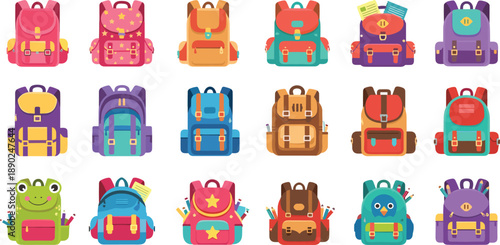 Colorful cartoon school backpack collection with cute designs, kids bags set, education accessories illustration, children stationery storage, back to school concept, isolated flat vector style
