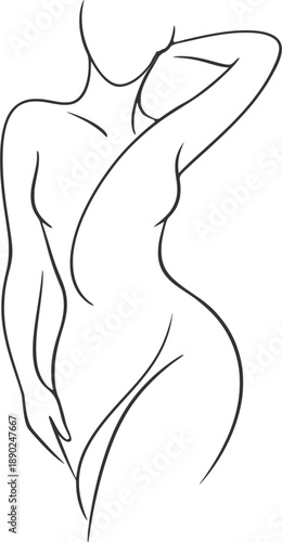 A minimalist continuous line art vector illustration of a female body silhouette in an elegant pose. Clean black outline on a soft neutral background, modern abstract style suitable for wall art.