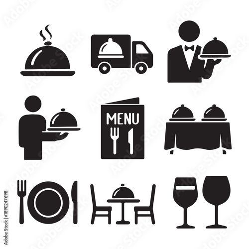 Catering icon set vector. Catering service, food, delivery of ready meals, guest service, menu for event, banquet vector