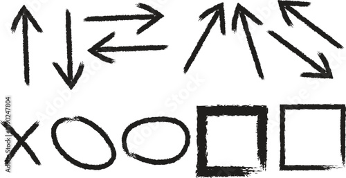 A collection of simple black geometric shapes and directional arrows are presented on a stark white background high quality