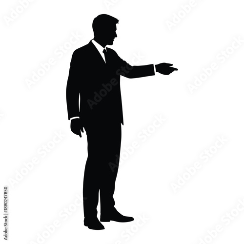 A silhouette of a man in a suit presenting something