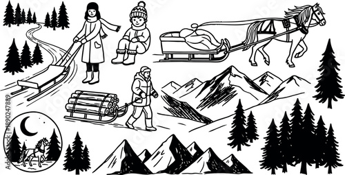 Black and white line art winter scenes with horse pulled sled, people in winter clothes, pine trees and mountain landscapes in hand drawn style