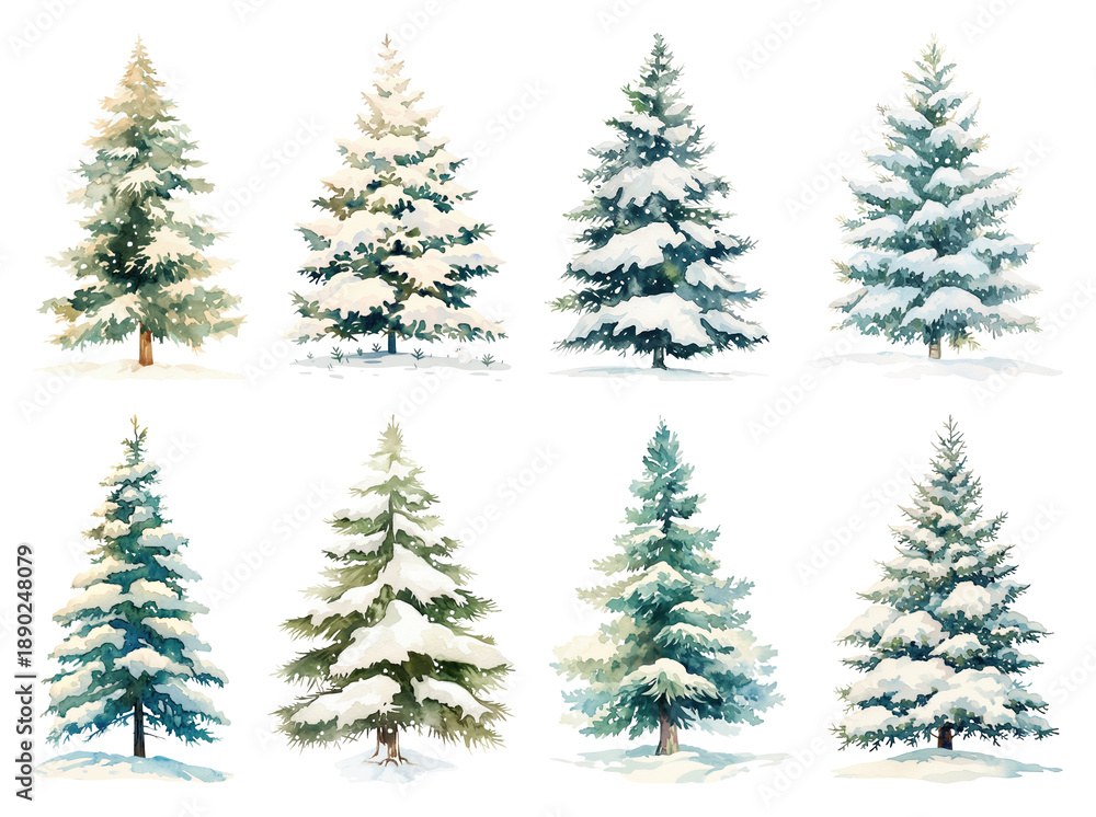 Obraz premium PNG Snow-covered evergreen trees illustration, element set on transparent background