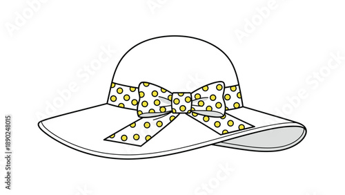 Stylish women's sun hat with a wide brim and a cute polka dot ribbon and bow, presented in a black and white line art style with yellow accents.