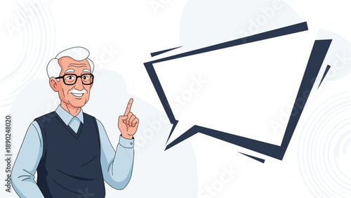 Friendly senior man with glasses and gray hair pointing to a large, blank speech bubble, perfect for presenting information, advice, or a quotation.