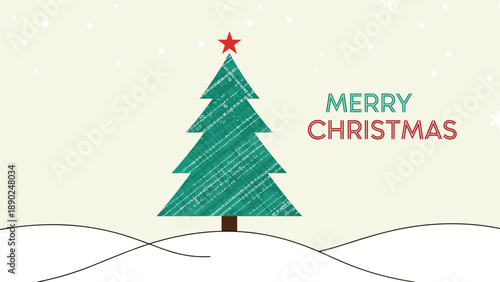 Minimalist Merry Christmas greeting card with a green, stylized Christmas tree and a red star on a snowy landscape under falling snow.