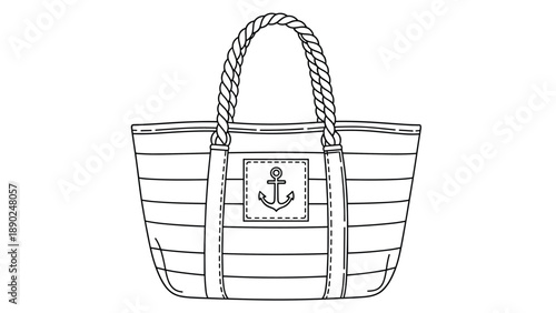 Nautical-themed striped beach tote bag with rope handles and an anchor emblem, illustrated in a clean black and white line art style for coloring.