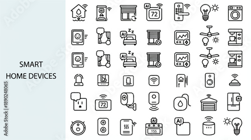 Collection of smart home devices and technology icons for automation and control systems