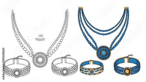 Elegant jewelry sets with multi-strand beaded necklaces and matching bracelets, shown in detailed line art and a rich blue and gold colored version.
