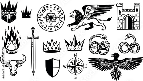 Medieval inspired black and white vector art set featuring helmets crowns winged lion snakes sword shield compass castle and fire emblem icons