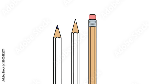 Set of three different pencils in a simple illustrated style, showing sharpened graphite, colored lead, and an unsharpened eraser.
