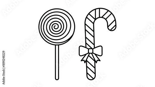 Black and white line art of classic holiday sweets, including a spiral lollipop and a striped candy cane with a festive bow.