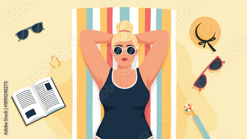 Top-down view of a relaxed woman in a swimsuit sunbathing on a colorful beach towel, enjoying her summer vacation with a book.