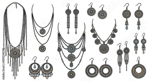 Large collection of intricate, bohemian-style vintage jewelry, featuring ornate necklaces and matching earrings in a detailed design.