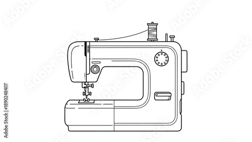 Detailed black and white line art illustration of a modern electric sewing machine, a tool for dressmaking, quilting, and crafts.