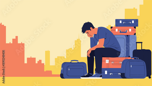 Sad and tired young man sitting on a large pile of luggage against a city skyline, representing travel problems or displacement.