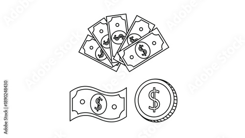 Set of money icons in a black and white line art style, including dollar bills fanned out, a single note, and a coin.