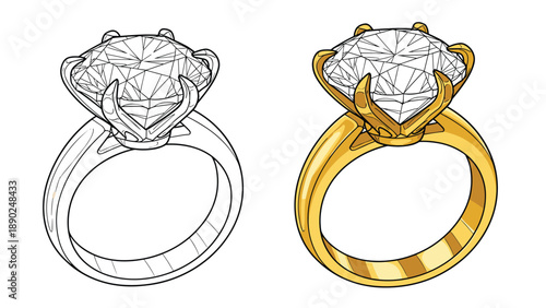 Illustrations of a classic solitaire diamond engagement ring, shown as both a black and white outline and a full-color gold version.