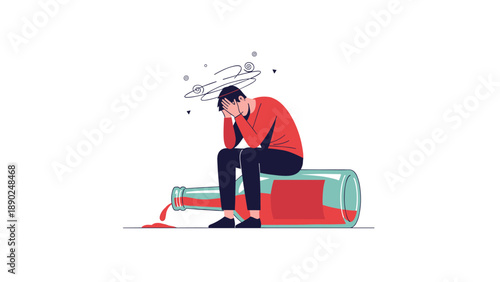 Man suffering from a hangover or alcohol addiction, sitting dizzy on a giant spilled bottle of red wine, illustrating abuse.