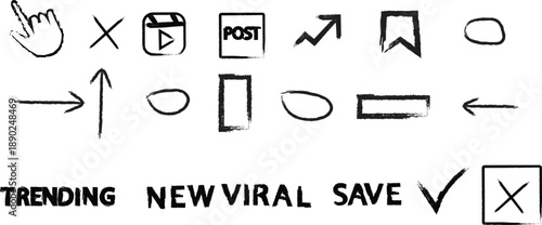 A collection of hand drawn social media icons arrows and text elements on a stark white background high quality