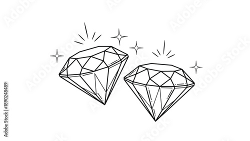 Black and white line art of two brilliant-cut diamonds with sparkles, representing luxury, wealth, and precious gemstones.