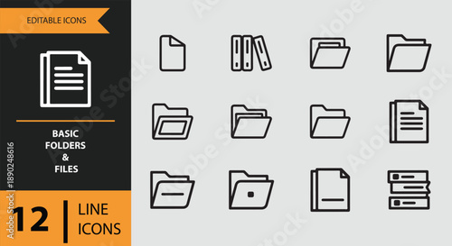 A comprehensive set of 12 basic line icons representing various folders and files for digital design isolated on white background