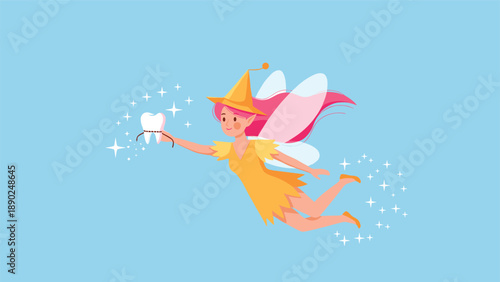 Charming tooth fairy with pink hair, wings, and a yellow dress flying through a sparkling blue sky while holding a lost tooth.