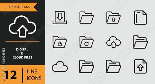 Line icons for digital and cloud file management including upload, download, folder, and document symbols isolated on white background
