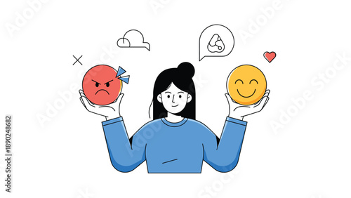 Young woman holding both an angry and a happy emoji, illustrating the concept of emotional regulation, mood swings, or choices.