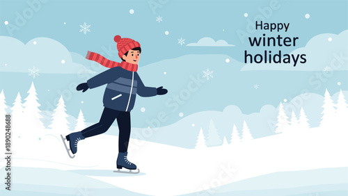 Cheerful boy in a winter coat, hat, and scarf ice skating in a snowy landscape with a 'Happy Winter Holidays' greeting.