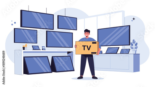 Happy man shopping for a new television, holding a large box in an electronics store filled with various flat-screen TVs.