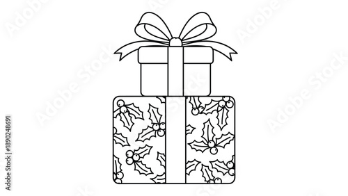Stacked Christmas gift boxes with a holly pattern and a big bow on top, presented in a black and white outline for coloring.